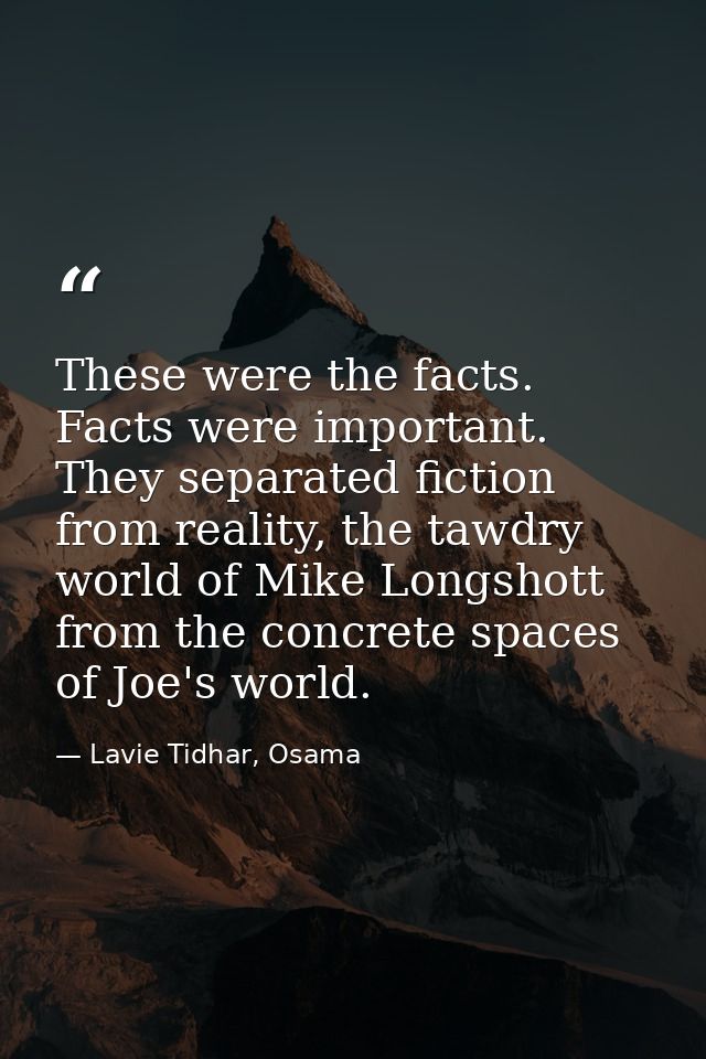 These were the facts. Facts were important. They separated fiction from reality, the tawdry world of Mike Longshott from — Lavie Tidhar, Osama