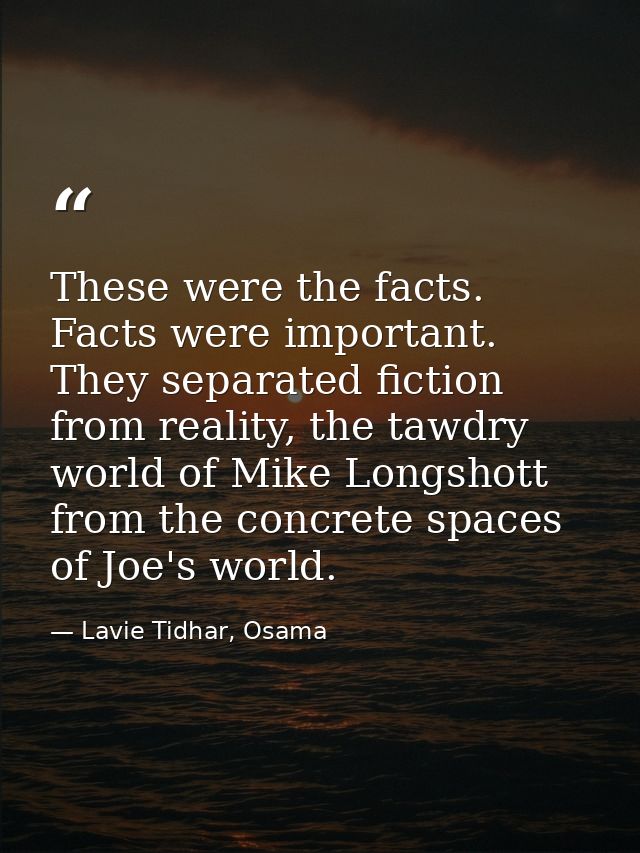 These were the facts. Facts were important. They separated fiction from reality, the tawdry world of Mike Longshott from — Lavie Tidhar, Osama