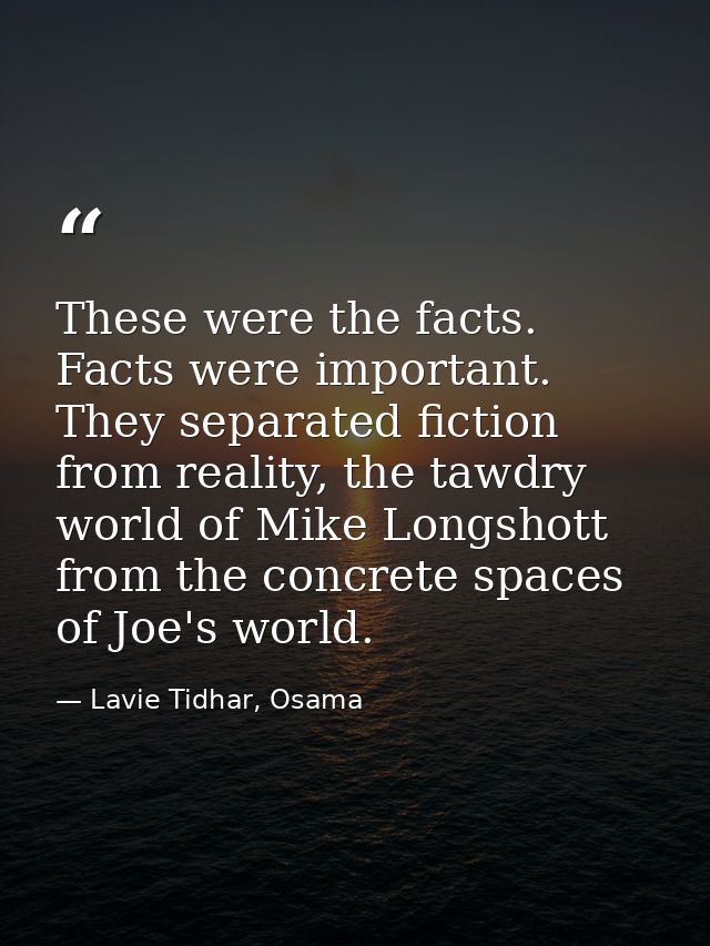 These were the facts. Facts were important. They separated fiction from reality, the tawdry world of Mike Longshott from — Lavie Tidhar, Osama