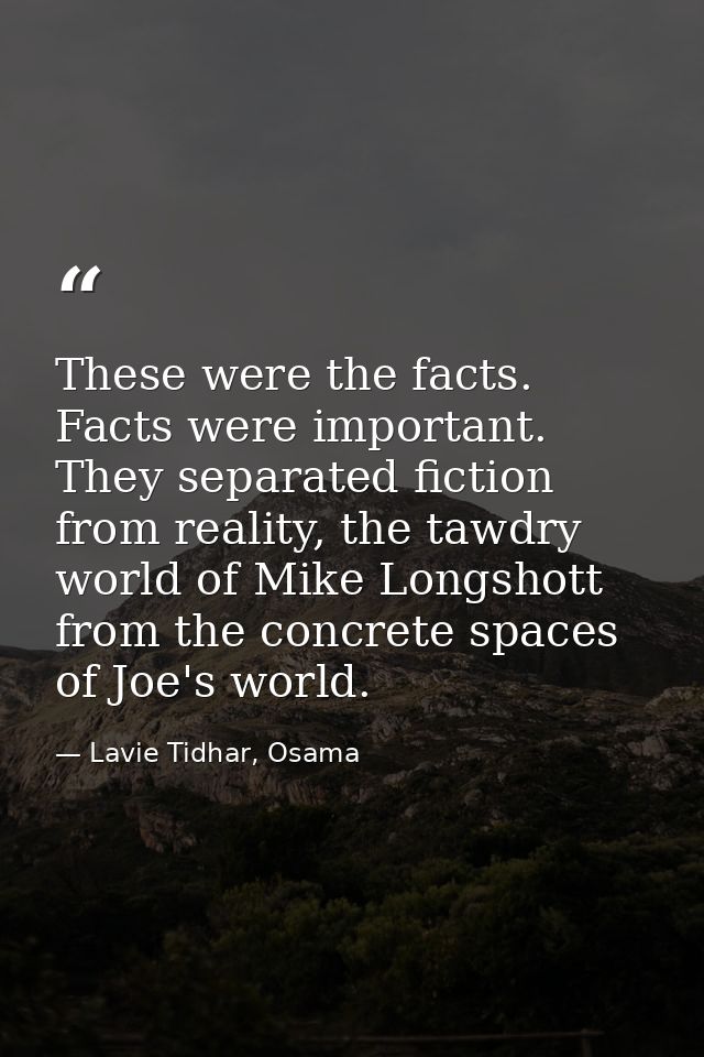 These were the facts. Facts were important. They separated fiction from reality, the tawdry world of Mike Longshott from — Lavie Tidhar, Osama