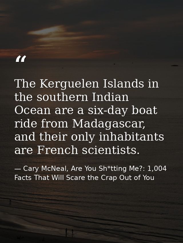 The Kerguelen Islands in the southern Indian Ocean are a six-day boat ride from Madagascar, and their only inhabitants a — Cary McNeal, Are You Sh*tting Me?: 1,004 Facts That Will Scare the Crap Out of You