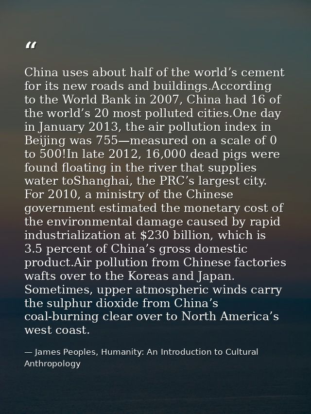 China uses about half of the world’s cement for its new roads and buildings.According to the World Bank in 2007, China h — James Peoples, Humanity: An Introduction to Cultural Anthropology