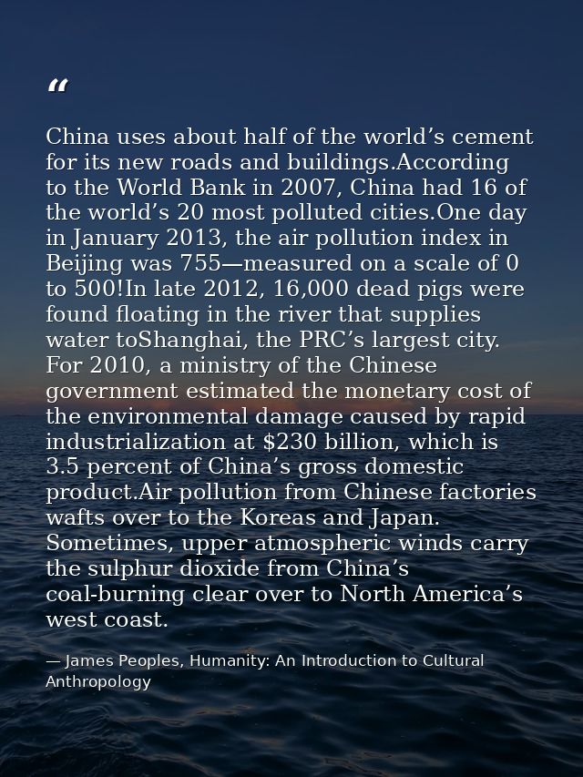 China uses about half of the world’s cement for its new roads and buildings.According to the World Bank in 2007, China h — James Peoples, Humanity: An Introduction to Cultural Anthropology