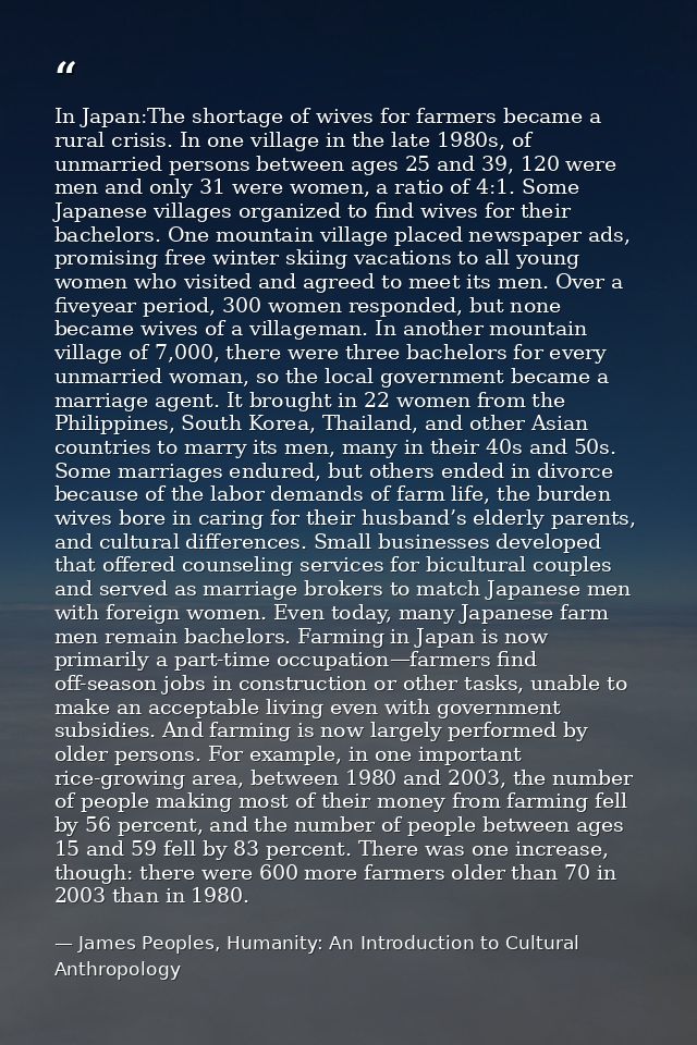 In Japan:The shortage of wives for farmers became a rural crisis. In one village in the late 1980s, of unmarried persons — James Peoples, Humanity: An Introduction to Cultural Anthropology