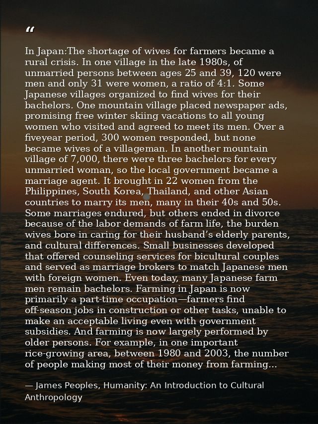 In Japan:The shortage of wives for farmers became a rural crisis. In one village in the late 1980s, of unmarried persons — James Peoples, Humanity: An Introduction to Cultural Anthropology