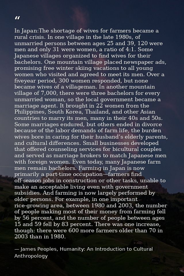 In Japan:The shortage of wives for farmers became a rural crisis. In one village in the late 1980s, of unmarried persons — James Peoples, Humanity: An Introduction to Cultural Anthropology