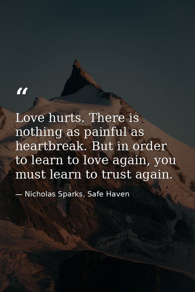 Love hurts. There is nothing as painful as heartbreak. But in order to learn to love again, you must learn to trust agai — Nicholas Sparks, Safe Haven