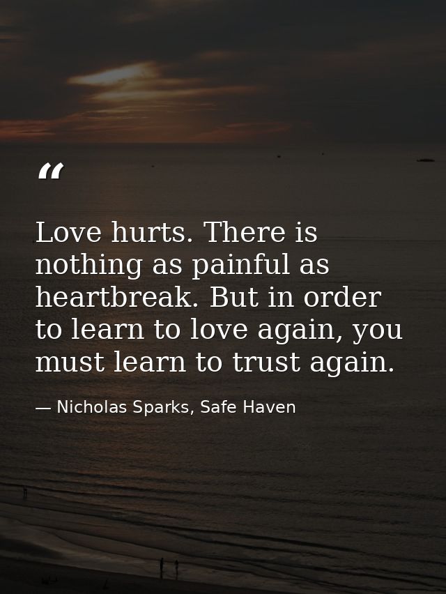Love hurts. There is nothing as painful as heartbreak. But in order to learn to love again, you must learn to trust agai — Nicholas Sparks, Safe Haven