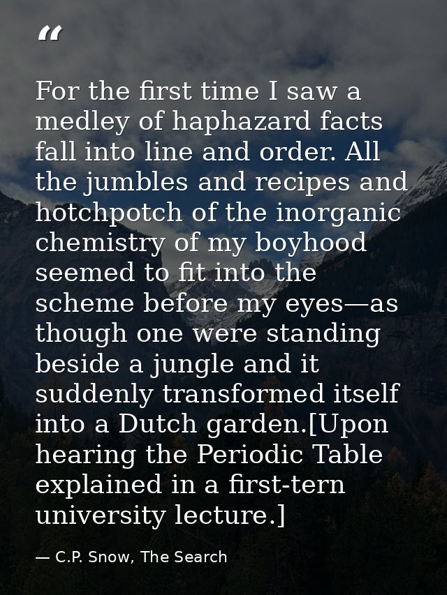 For the first time I saw a medley of haphazard facts fall into line and order. All the jumbles and recipes and hotchpotc — C.P. Snow, The Search