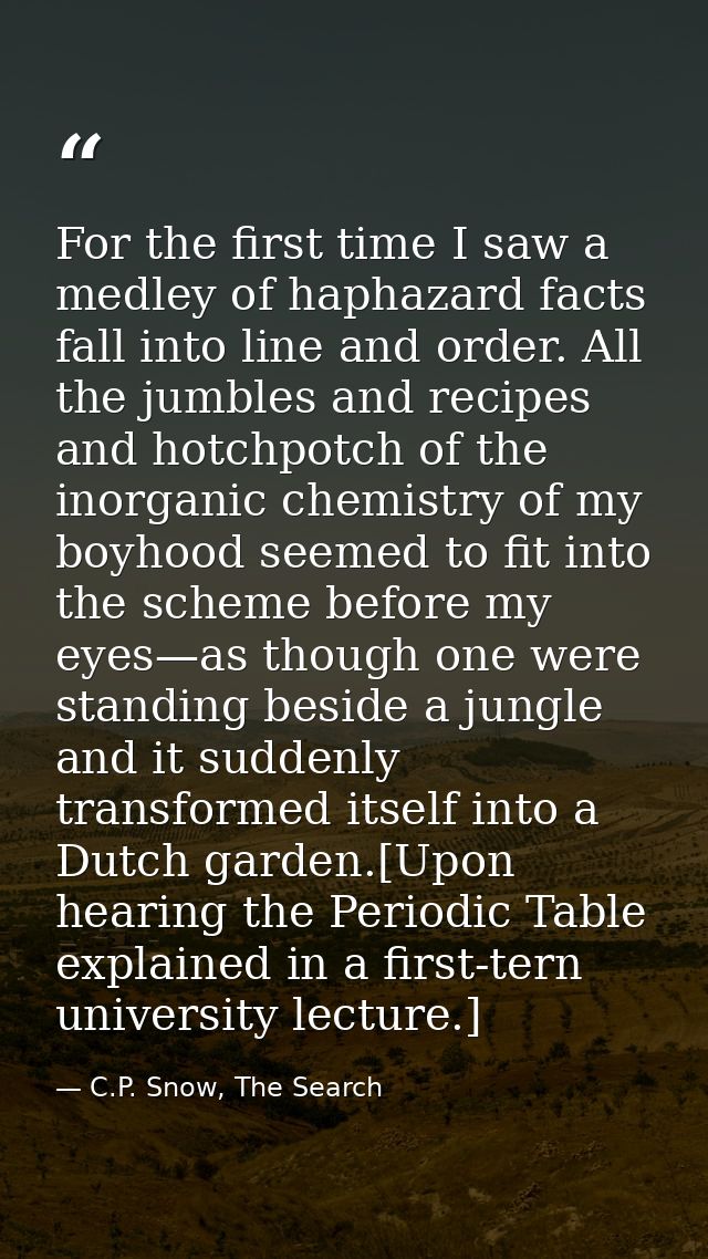 For the first time I saw a medley of haphazard facts fall into line and order. All the jumbles and recipes and hotchpotc — C.P. Snow, The Search