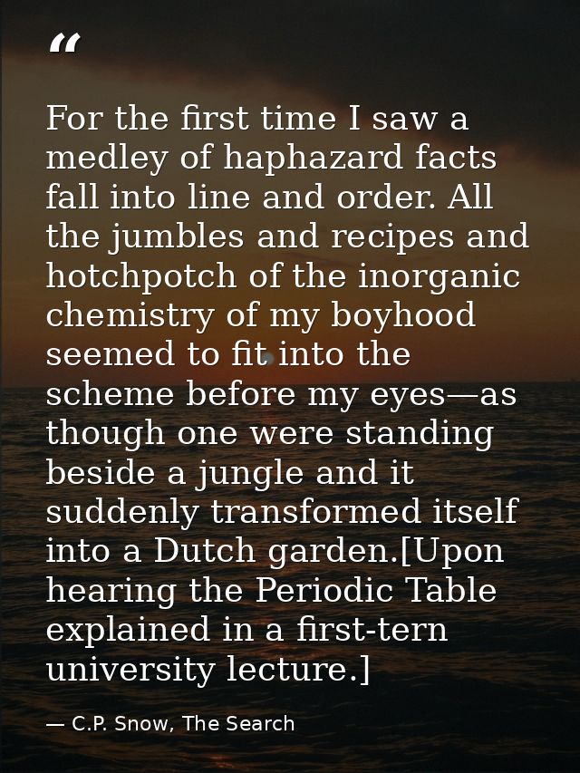 For the first time I saw a medley of haphazard facts fall into line and order. All the jumbles and recipes and hotchpotc — C.P. Snow, The Search
