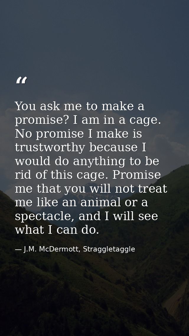 You ask me to make a promise? I am in a cage. No promise I make is trustworthy because I would do anything to be rid of  — J.M. McDermott, Straggletaggle