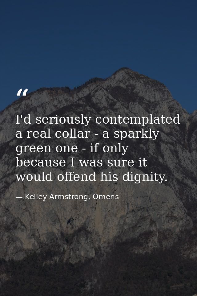 I'd seriously contemplated a real collar - a sparkly green one - if only because I was sure it would offend his dignity. — Kelley Armstrong, Omens