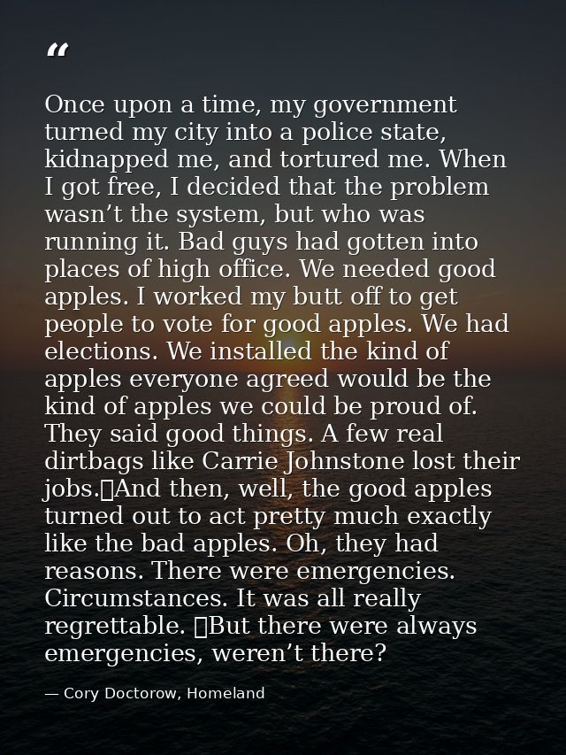 Once upon a time, my government turned my city into a police state, kidnapped me, and tortured me. When I got free, I de — Cory Doctorow, Homeland