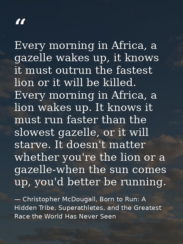 Every morning in Africa, a gazelle wakes up, it knows it must outrun the fastest lion or it will be killed. Every mornin — Christopher McDougall, Born to Run: A Hidden Tribe, Superathletes, and the Greatest Race the World Has Never Seen