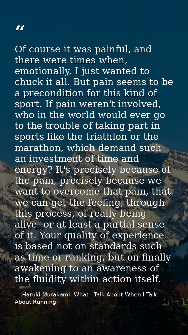 Of course it was painful, and there were times when, emotionally, I just wanted to chuck it all. But pain seems to be a  — Haruki Murakami, What I Talk About When I Talk About Running