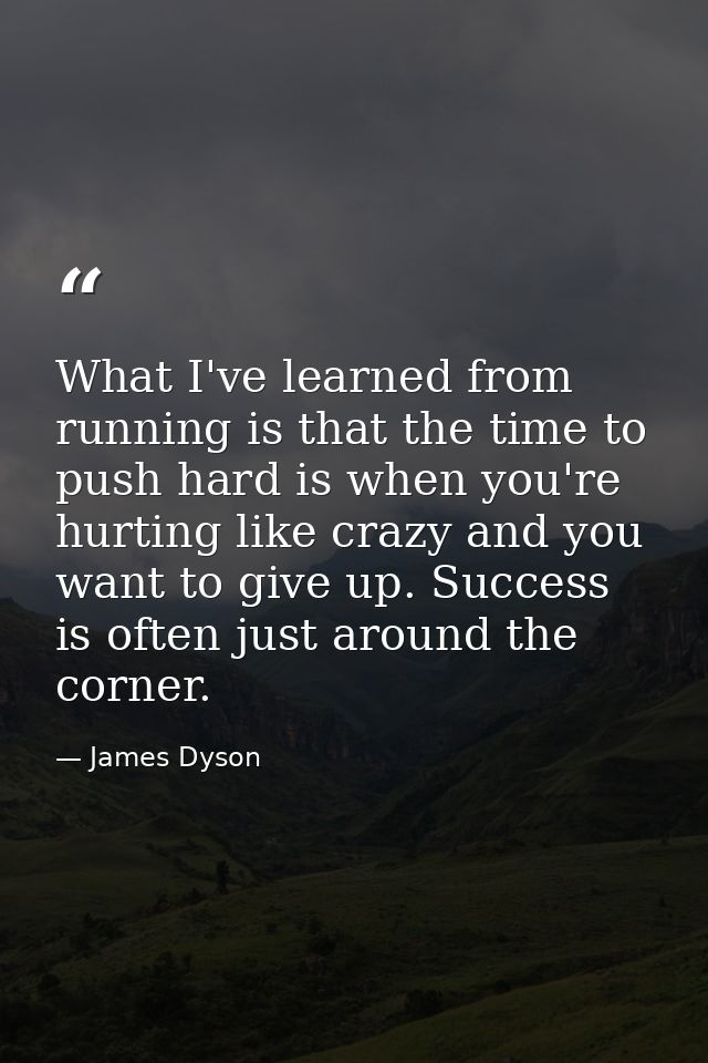 What I've learned from running is that the time to push hard is when you're hurting like crazy and you want to give up.  — James Dyson
