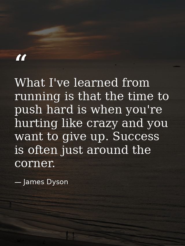 What I've learned from running is that the time to push hard is when you're hurting like crazy and you want to give up.  — James Dyson