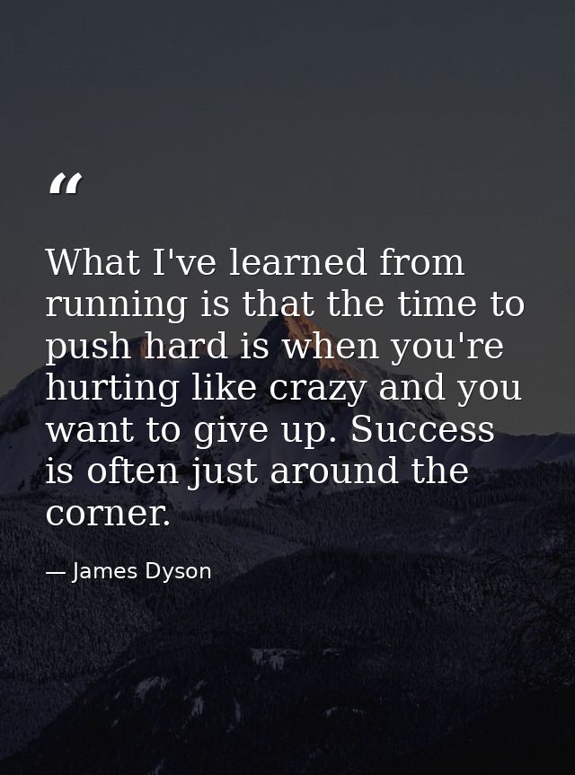 What I've learned from running is that the time to push hard is when you're hurting like crazy and you want to give up.  — James Dyson