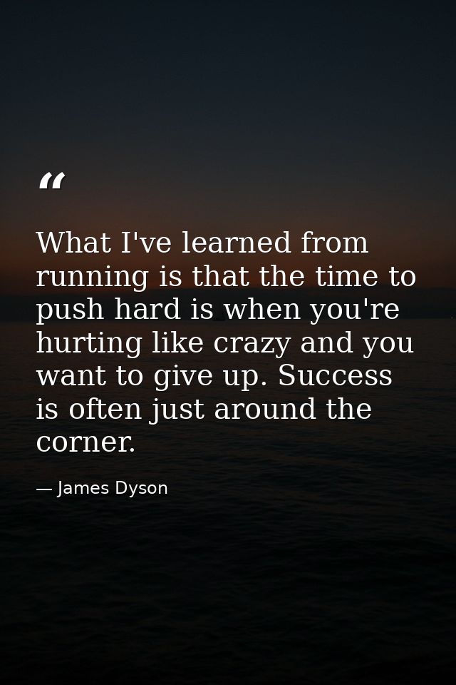 What I've learned from running is that the time to push hard is when you're hurting like crazy and you want to give up.  — James Dyson