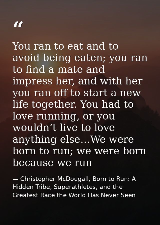 You ran to eat and to avoid being eaten; you ran to find a mate and impress her, and with her you ran off to start a new — Christopher McDougall, Born to Run: A Hidden Tribe, Superathletes, and the Greatest Race the World Has Never Seen