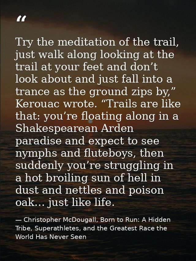 Try the meditation of the trail, just walk along looking at the trail at your feet and don’t look about and just fall in — Christopher McDougall, Born to Run: A Hidden Tribe, Superathletes, and the Greatest Race the World Has Never Seen
