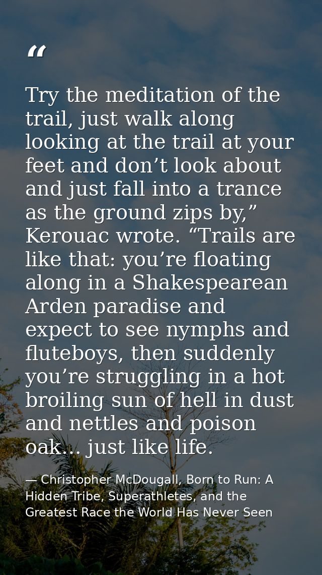 Try the meditation of the trail, just walk along looking at the trail at your feet and don’t look about and just fall in — Christopher McDougall, Born to Run: A Hidden Tribe, Superathletes, and the Greatest Race the World Has Never Seen
