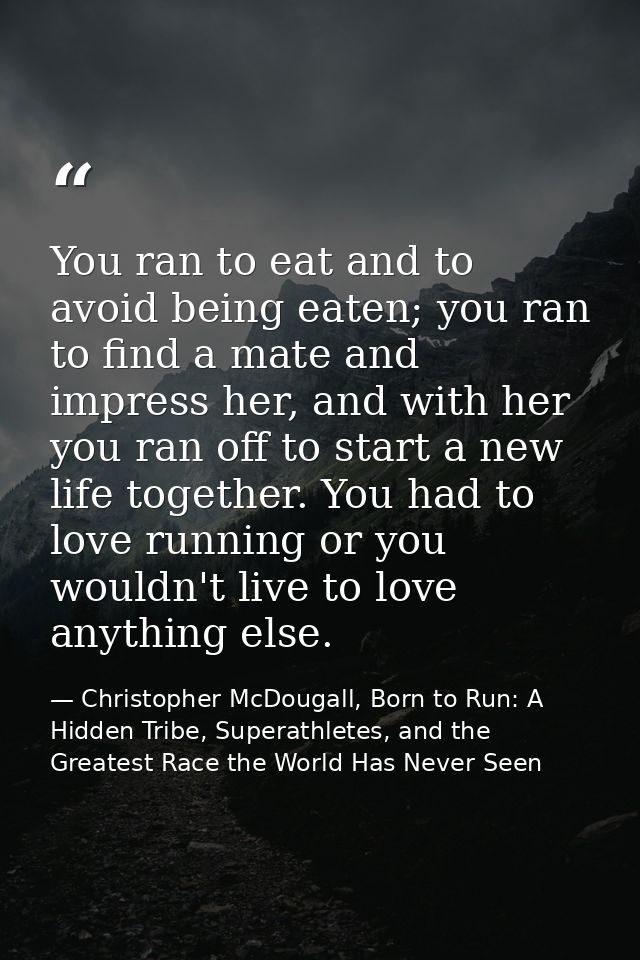 You ran to eat and to avoid being eaten; you ran to find a mate and impress her, and with her you ran off to start a new — Christopher McDougall, Born to Run: A Hidden Tribe, Superathletes, and the Greatest Race the World Has Never Seen