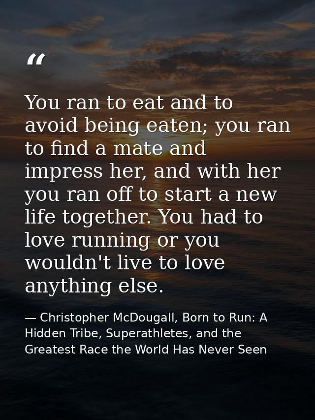 You ran to eat and to avoid being eaten; you ran to find a mate and impress her, and with her you ran off to start a new — Christopher McDougall, Born to Run: A Hidden Tribe, Superathletes, and the Greatest Race the World Has Never Seen