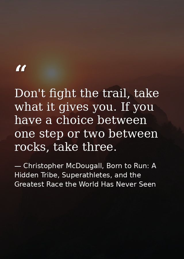 Don't fight the trail, take what it gives you. If you have a choice between one step or two between rocks, take three. — Christopher McDougall, Born to Run: A Hidden Tribe, Superathletes, and the Greatest Race the World Has Never Seen