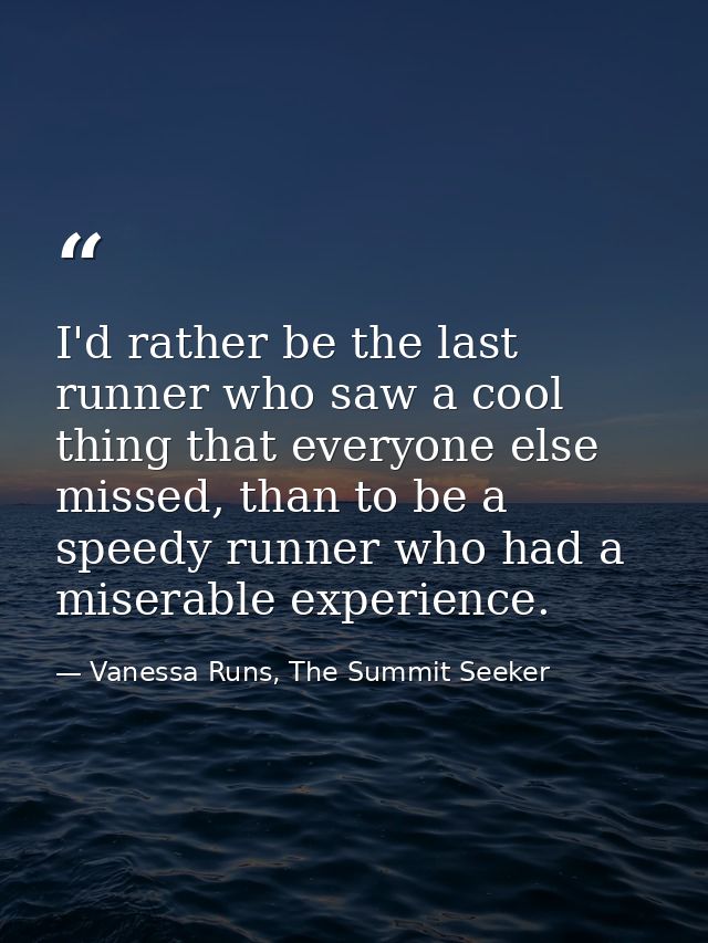 I'd rather be the last runner who saw a cool thing that everyone else missed, than to be a speedy runner who had a miser — Vanessa Runs, The Summit Seeker