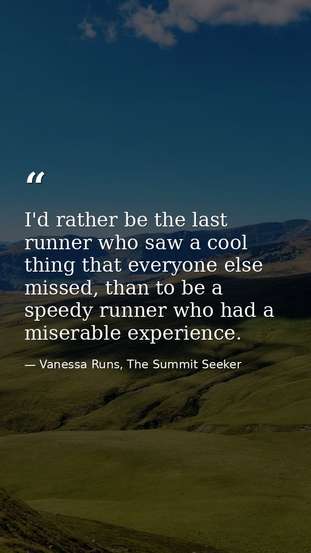 I'd rather be the last runner who saw a cool thing that everyone else missed, than to be a speedy runner who had a miser — Vanessa Runs, The Summit Seeker