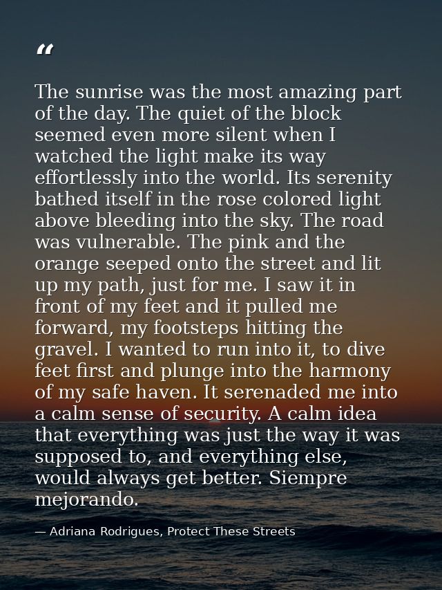 The sunrise was the most amazing part of the day. The quiet of the block seemed even more silent when I watched the ligh — Adriana Rodrigues, Protect These Streets
