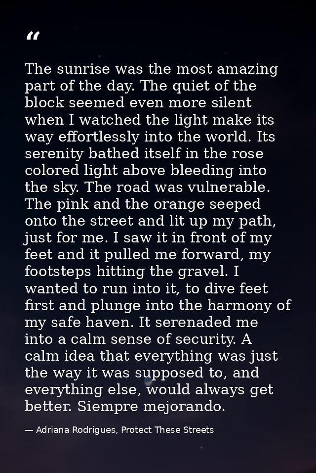 The sunrise was the most amazing part of the day. The quiet of the block seemed even more silent when I watched the ligh — Adriana Rodrigues, Protect These Streets