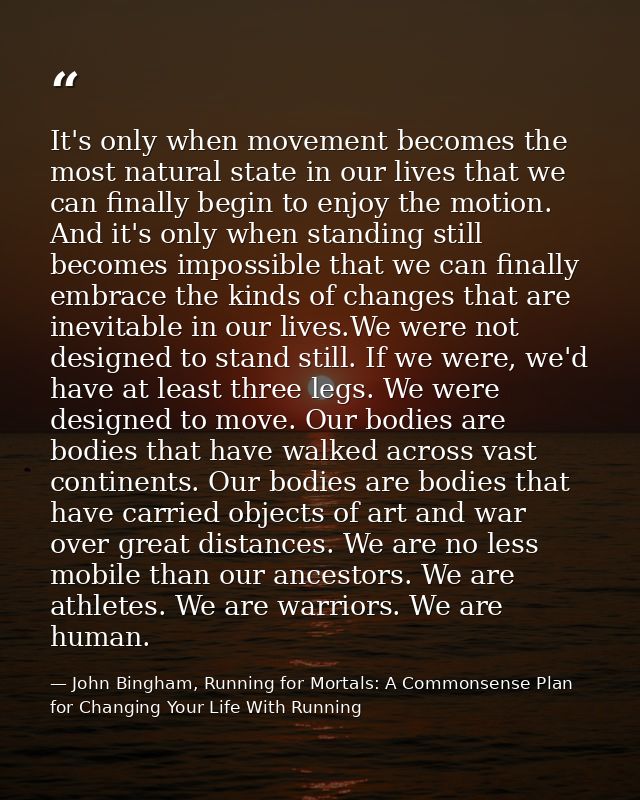 It's only when movement becomes the most natural state in our lives that we can finally begin to enjoy the motion. And i — John Bingham, Running for Mortals: A Commonsense Plan for Changing Your Life With Running
