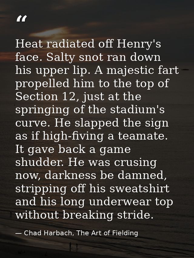Heat radiated off Henry's face. Salty snot ran down his upper lip. A majestic fart propelled him to the top of Section 1 — Chad Harbach, The Art of Fielding