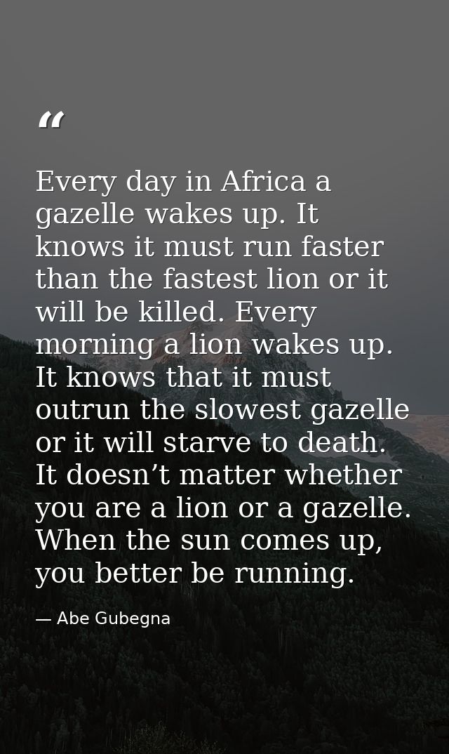 Every day in Africa a gazelle wakes up. It knows it must run faster than the fastest lion or it will be killed. Every mo — Abe Gubegna