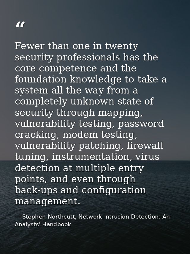 Fewer than one in twenty security professionals has the core competence and the foundation knowledge to take a system al — Stephen Northcutt, Network Intrusion Detection: An Analysts' Handbook