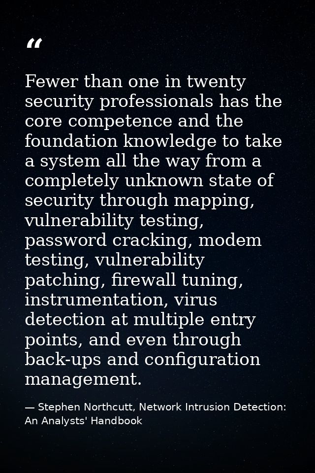 Fewer than one in twenty security professionals has the core competence and the foundation knowledge to take a system al — Stephen Northcutt, Network Intrusion Detection: An Analysts' Handbook