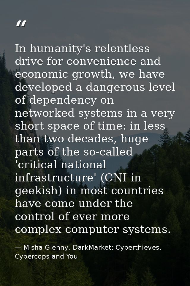In humanity's relentless drive for convenience and economic growth, we have developed a dangerous level of dependency on — Misha Glenny, DarkMarket: Cyberthieves, Cybercops and You
