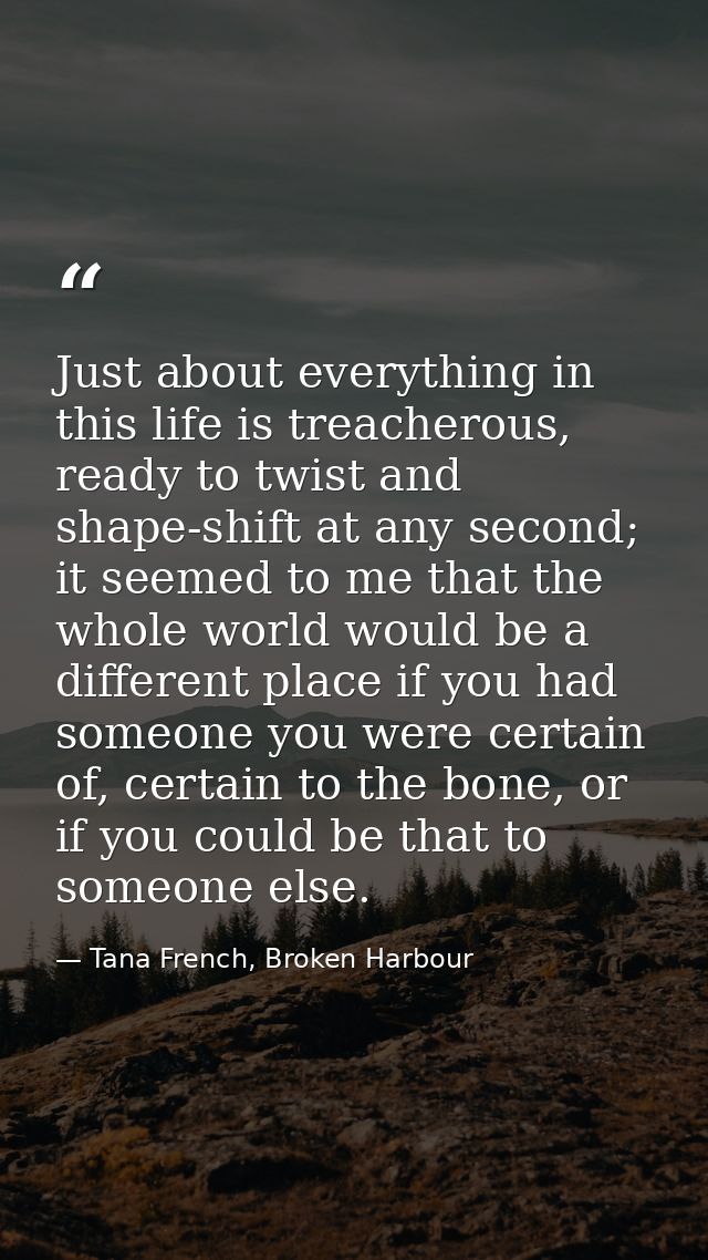 Just about everything in this life is treacherous, ready to twist and shape-shift at any second; it seemed to me that th — Tana French, Broken Harbour