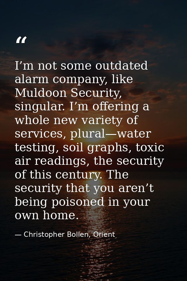 I’m not some outdated alarm company, like Muldoon Security, singular. I’m offering a whole new variety of services, plur — Christopher Bollen, Orient