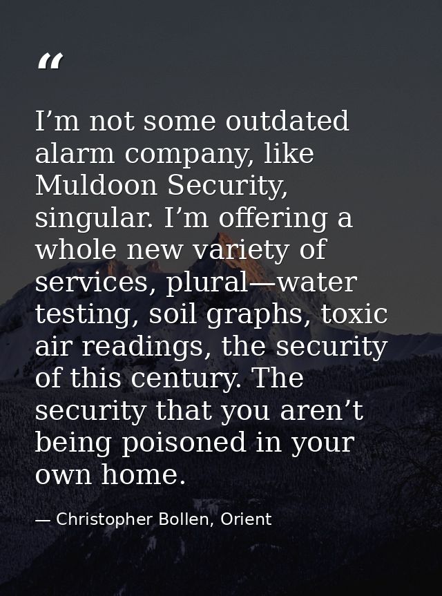 I’m not some outdated alarm company, like Muldoon Security, singular. I’m offering a whole new variety of services, plur — Christopher Bollen, Orient