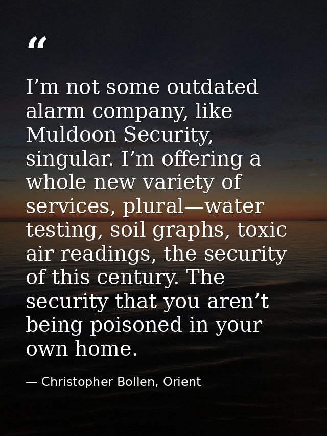 I’m not some outdated alarm company, like Muldoon Security, singular. I’m offering a whole new variety of services, plur — Christopher Bollen, Orient