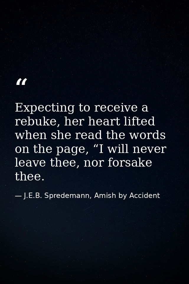 Expecting to receive a rebuke, her heart lifted when she read the words on the page, “I will never leave thee, nor forsa — J.E.B. Spredemann, Amish by Accident