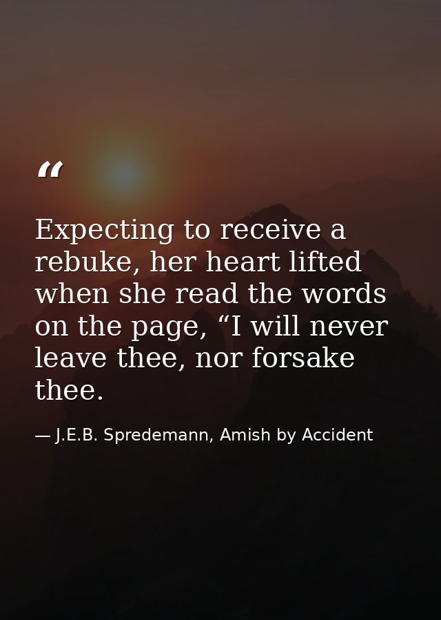Expecting to receive a rebuke, her heart lifted when she read the words on the page, “I will never leave thee, nor forsa — J.E.B. Spredemann, Amish by Accident
