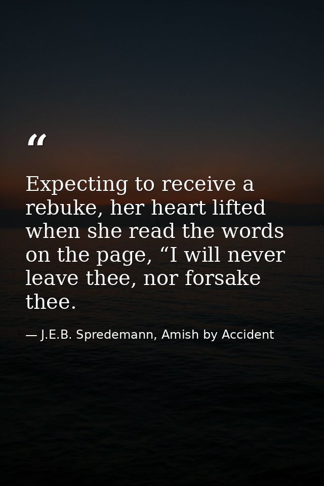 Expecting to receive a rebuke, her heart lifted when she read the words on the page, “I will never leave thee, nor forsa — J.E.B. Spredemann, Amish by Accident