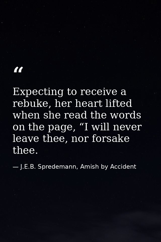 Expecting to receive a rebuke, her heart lifted when she read the words on the page, “I will never leave thee, nor forsa — J.E.B. Spredemann, Amish by Accident