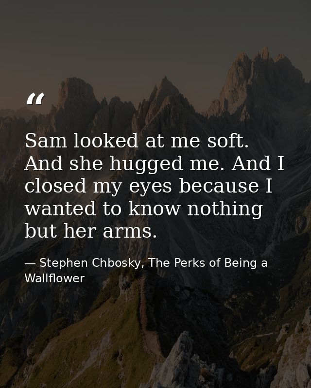Sam looked at me soft. And she hugged me. And I closed my eyes because I wanted to know nothing but her arms. — Stephen Chbosky, The Perks of Being a Wallflower