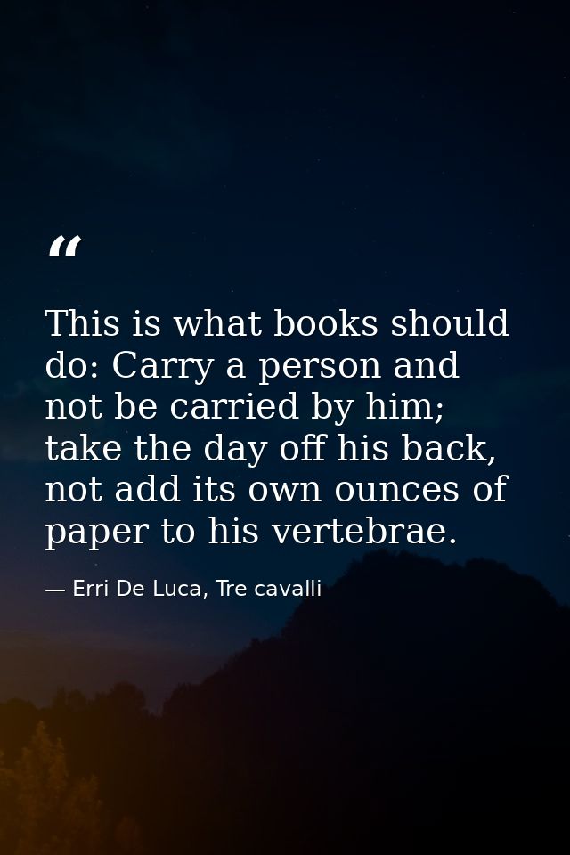 This is what books should do: Carry a person and not be carried by him; take the day off his back, not add its own ounce — Erri De Luca, Tre cavalli